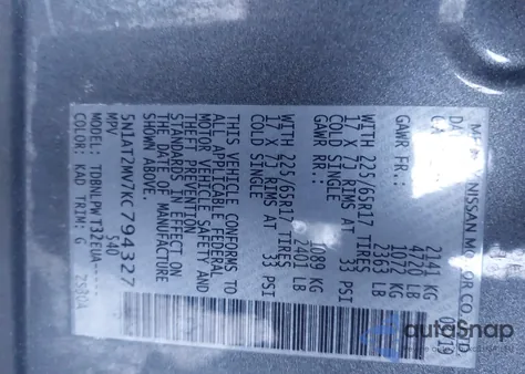 2019 Nissan Rogue S z USA, uszkodzony, nr VIN 5N1AT2MV7KC794327